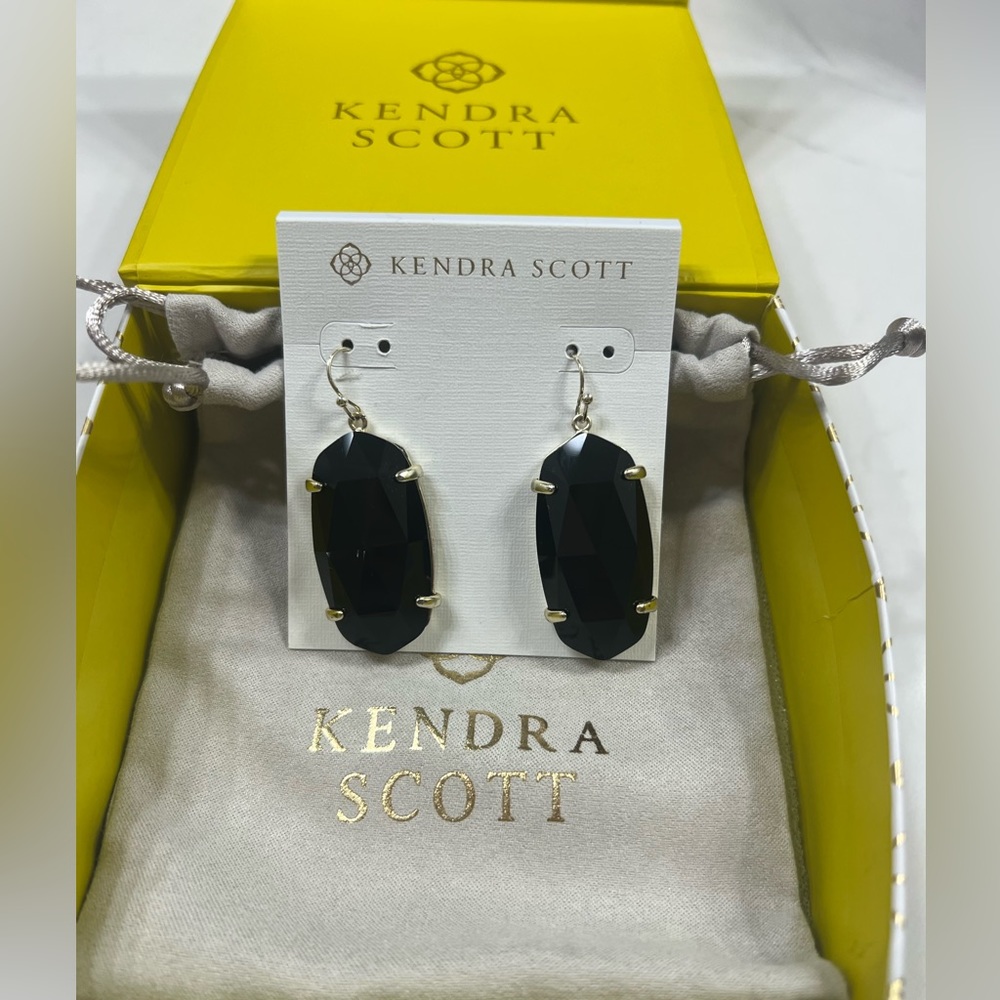 Kendra Scott Esme drop gold earrings. Black opaque glass. Never worn.